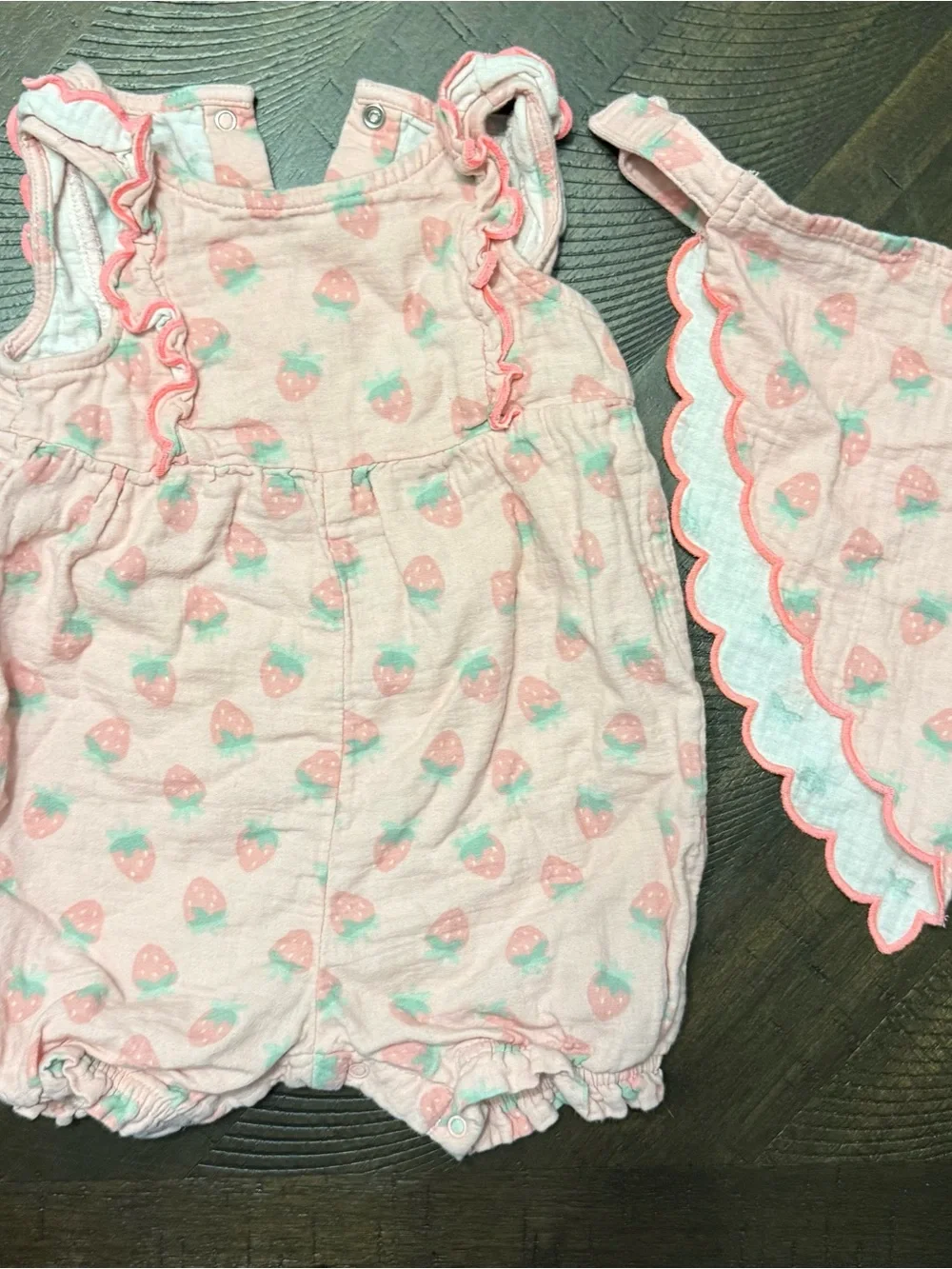 cloud island Pink Strawberry Print Romper with Scalloped Bib